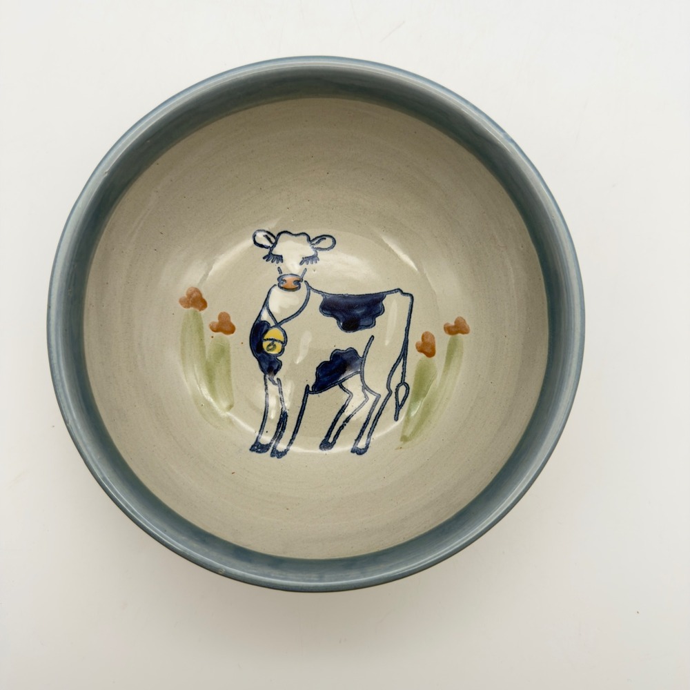 Louisville Stoneware Cow Bowl Hand Painted Pottery Blue Rim Kentucky Farmhouse